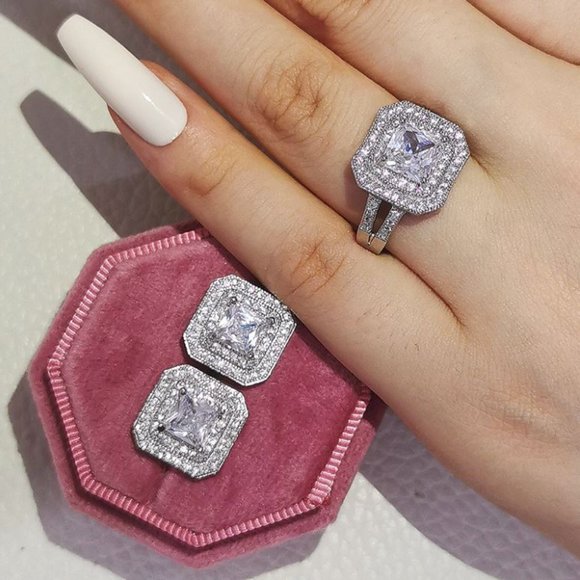 925 Sterling Silver Princess Cut Diamond Earring & Ring Jewelry Set - Picture 4 of 4